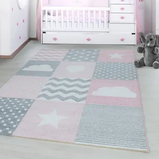 Ayyildiz Teppiche Kinderteppich "Kids 620" rechteckig 12 mm Höhe auch in rund, Kurzflor, Sterne Wolken, pink