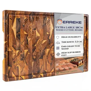 Erreke Schneidebrett Holz, End Grain Teakholz 58x38x3.2 cm, Holzbrett Küche mit Auffangschale, Anti-Rutsch-Füße, Schneidebrett Holz Gross Hirnholz Servieren Käse Brot Hackbretter