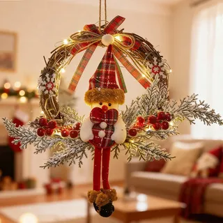Türkranz Weihnachten, 35cm LED Weihnachten Deko Türkranz, Weihnachtskranz Haustür mit LED Licht, Weihnachtskranzz Schneemann Rattan Kranz, Weihnachtsdeko zum Aufhängen für Haustür, Wand, Fenster