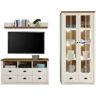 Furn.Design Wohnwand weiß Pinie, Eiche hell 3-teilig 240 cm, Wohnkombination Landhausstil , Metall , Nachbildung,Pinie , Uni, Holz Optik , 6 Schubladen , 240x198x43 cm , Wohnzimmer, Wohnwände