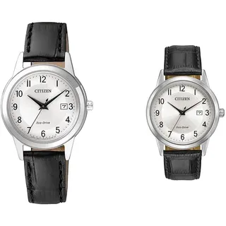 Citizen Damen Analog Quarz Uhr mit Leder Armband FE1081-08A & Herren Analog Quarz Uhr mit Leder Armband AW1231-07A