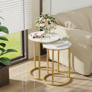 WISFOR 2er Set Beistelltische Couchtisch, Rund Kaffeetisch Satztische für Wohnzimmer Schlafzimmer, Moderne Sofatische Marmor Optik - Gold, Weiß