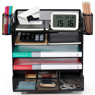 Schreibtisch Organizer,Desk Organizer,Ablage Schreibtisch,Briefablage 5-stöckiger Schreibtisch Organizer mit 2 Stifthalter, 2-Feilenregale aus Metall, Große Kapazität, Lösung aller Speicherprobleme