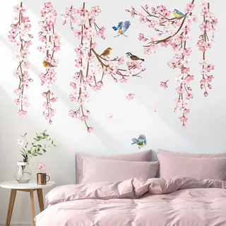 decalmile Wandtattoo Kirschblüte Hängende Wandaufkleber Blumen Rosa Vögel auf Ast Wandsticker Schlafzimmer Wohnzimmer Sofa Fenster Wanddeko