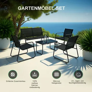 Black Forest Gartenmöbel-Set aus Textil, zwei Stühle + Liege + ausziehbarer Tisch, schwarz