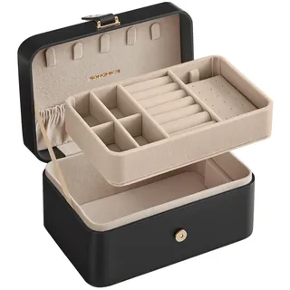 SONGMICS Schmuckkästchen Reise, Schmuckkasten klein, 2 Ebenen Schmuckaufbewahrung, tragbar, Schmuck-Reiseetui, für größere Accessoires, 11 x 16 x 8 cm, Geschenkidee, tintenschwarz JBC166B01