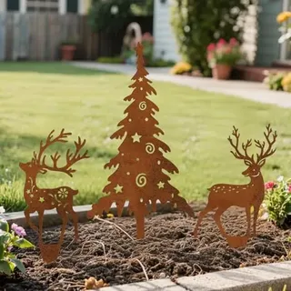 Xevinas 3er Set Gartenstecker Weihnachten, Rost Deko Weihnachtsgesteck (A) | Blumenstecker Weihnachten Aus Metall, Weihnachtsbaum Und Hirsch, Wetterfest Outdoor Weihnachtsdeko Für Garten, Terrasse