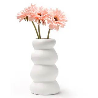 Bosilunlife Keramik Vase Weiß für Pampasgras, Handgemachte Blumenvase Modern, Trockenblumen Vasen für Wohnzimmer Regal, Boho Vase klein Skandinavische Deko für Tischdeko Zuhause