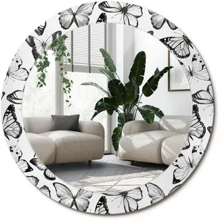 Wallfluent Spiegel Rund Ø 70 cm mit Aufdruck , Schwarz , Glas , 70x70x0.4 cm , Spiegel, Wandspiegel