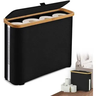 Unyqoos® Faltbarer Aufbewahrungskorb mit Deckel für Toilettenpapier & Bad – Platz für 12 Rollen, Oxford-Stoff, Bambusrahmen, staub- und feuchtigkeitsgeschützt - Schwarz