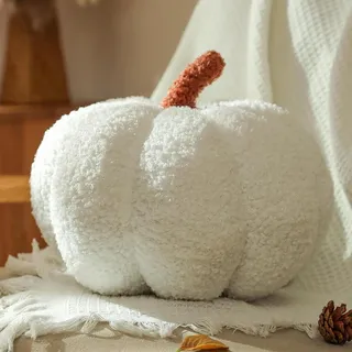 Yhoelata Halloween Kürbis Kissen, Kissen Kürbisform Weiß Dekokissen, Herbst Zierkissen Aesthetic Sofakissen Teddysamt Kissens, Bett Deko Kissens Runden für Kind Schlafzimmer, Geschenk 20 cm