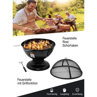 LUND Feuerstelle mit Grillfunktion Ø57cm Grill | Feuerschale aus Stahl inkl. Rost, Deckel & Schürhaken Gartenkamin bbq Outdoor Lagerfeuer