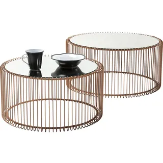 Kare Design Couchtisch Wire, Kupfer, 2er Set, rund, verpiegelte Tischplatte, Moderner Glastisch, Großer Beistelltisch, Kaffeetisch, Nachttisch, 60/70cm Durchmesser