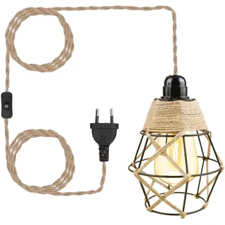 E27 Industrielle Hanfseil Hängelampe mit Stecker, 1.8m Vintage Lampenkabel HäNgende Leuchte mit Schalter, Metall Hängeleuchte Lampenschirm für Wohnzimmer DIY Stehleuchten Schlafzimmer Wandleuchte