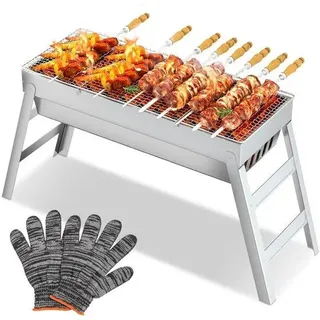 Unyqoos® Kompakter zusammenklappbarer Holzkohlegrill aus Edelstahl, 44 x 20 x 36 cm – tragbar für Camping, Balkon und Garten, geeignet für 2–5 Personen - Silber