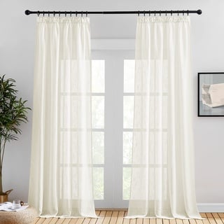 PONY DANCE Leinenoptik Gardinen mit Kräuselband - Wohnzimmer Vorhang Boho Halbtransparente Gardinen Landhausstil Vorhänge Hellbeige 2er Set H 260 x B 140 cm