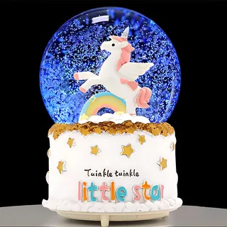 Liuer Schneekugel mit Musik Spieluhr Kristallkugel Glimmerkugel Glas Glitzerkugel Schneeflocke Weihnachtskarussell Deko Schneekugel mit Einhorn für Geburtstag Valentinstag Weihnachten(weiß)