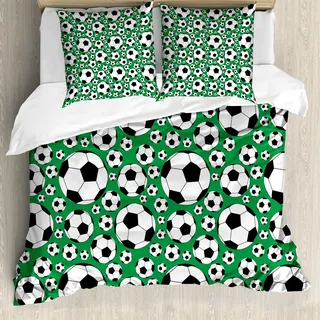 ABAKUHAUS Fußball Bettbezug, Beliebte Sport-Motiv, Milbensicher Allergiker geeignet mit Kissenbezügen, 155 cm x 220 cm - 80 x 80 cm, Grün Schwarz Weiß - Weiß