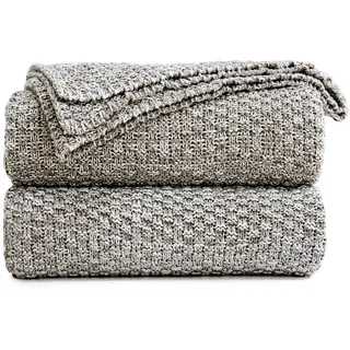 Longhui bedding Strickdecke für Couch, weich, gemütlich, maschinenwaschbar, 100% Baumwolle, Sofadecke, schweres Gewicht 1,7 kg, inklusive Wäschesack, Grau und Weiß