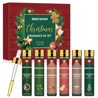 Migcaput Weihnachten Ätherische Öle Set 6X10ml, Festival Aoma Diffuser Öl Duftöle Geschenkset für Duftkerzen - Weihnachtsbaum, Lebkuchen, Apfel-Zimt, Weihnachtskranz, Weihnachtspudding, Pfefferminze