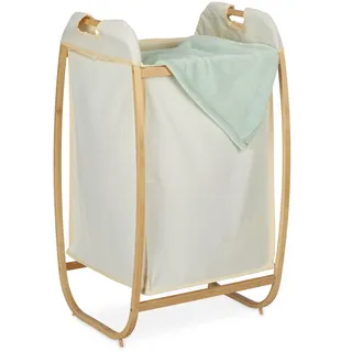 Relaxdays Wäschekorb mit Bambusgestell, ohne Deckel, HBT: 80 x 44 x 43 cm, 70 l Stoffbeutel, Wäschesammler, natur-beige