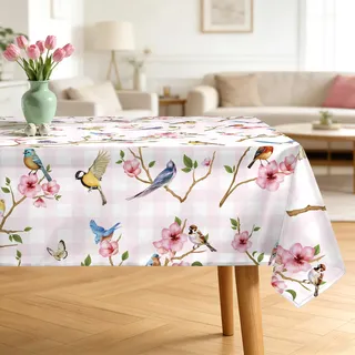 Arquiel Tischdecke Vogel, Tischdecken Rosa Blume Abwaschbar Wasserabweisend Rechteckige Tischtuch Tischdeck für Abendessen Haus Küche Esszimmer Party Dekoration FrüHling/Sommer(152 x 264 cm)