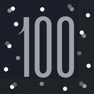 Papierservietten - Zahl 100 - 16,5 cm - Glitzer Schwarz & Silber Geburtstag - 16er-Packung