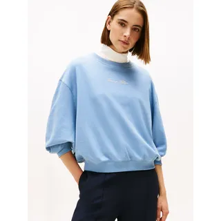 Sweatshirt TOMMY HILFIGER "CLASSIC SCRIPT TERRY SWEATSHIRT", Damen, Gr. L (40), brisk blau heather, Sweatware, Obermaterial: 100% Baumwolle, meliert, Rundhals, Rippbündchen, Sweatshirts Sweatshirt