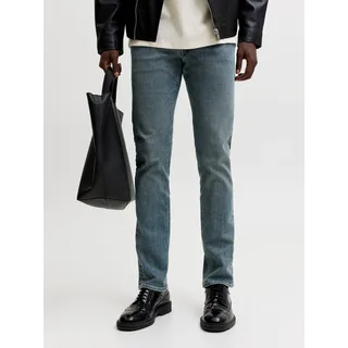 Slim-fit-Jeans JACK & JONES "JJIGLENN Jeans mit schmaler Beinform und Stretch für Komfort", Herren, Gr. 29, Länge 30, mid blau denim, Denim/Jeans, Obermaterial: 54% Baumwolle, 33% Polyester, 7% Lyocell, 4% Viskose, 2% Elasthan, Abriebeffekte, slim fit lang, Jeans Slim-fit-Jeans, Baumwollmischung, slim fit