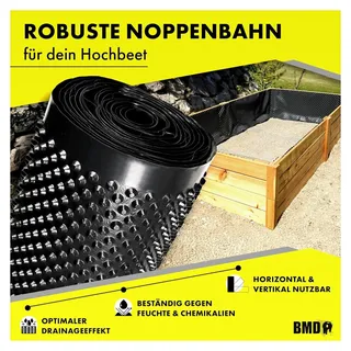 Hochbeetfolie | 0,5m x 20m | ohne Weichmacher | trinkwasserbeständig | Noppenbahn für Hochbeete | Grundmauerschutz | Drainage | 20m2 Noppenfolie in CE Siegel Qualität