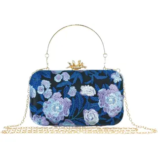 CRFASIBE Damen Clutch mit Blumenstickerei und Perlen, Elegante Abendhandtasche mit abnehmbarer Kette, für Hochzeit, Gala & Abschlussbal (Blau)