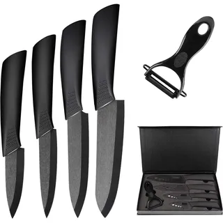 Ballery keramikmesser, Keramikmesser Set mit Schutzhülle, Küchenmesser Set mit 4-teilig Messer und 1 Sparschäler, Kochmesser Sets für Fleisch, Obst, Gemüse - Schwarz