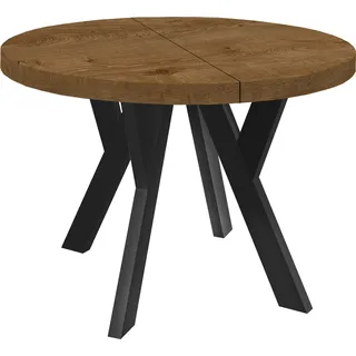 Runder Ausziehbarer Tisch für Esszimmer, PERO, Loft-Stil, Skandinavische, Durchmesser: 110 / 210 cm, Farbe: Eiche Lefkas / Schwarz - Dunkelbraun
