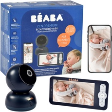 BÉABA, Babyphone, 2-in-1 Video-Babyphone, Bildschirm/Gewidmete Mobile App, HD-Kamera, 360°-Drehung, Nachtsicht, Walkie-Talkie, Schlaflieder, Temperatur- und Luftfeuchtigkeitskontrolle,Zen Premium Blau