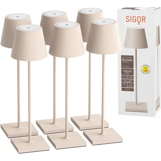 SIGOR Nuindie 2.0 Akku-Tischlampe, 6er-Set, dünenbeige | Dimmbar • Indoor & Outdoor • IP54 • 38 cm • USB-C • 12 h Leuchtdauer