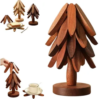 Topfuntersetzer Hitzebeständig,Untersetzer in Baumform,4 Stück Topfuntersetzer Holz& 1 Weihnachtsbaum Aufbewahrt,Faltbare hitzebeständige Pads für Küchenpfannen,Töpfe,Teekanne,Besteck,Tassen Walnut