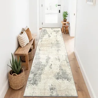 SOANNY Teppich Läufer, Kurzflor rutschfest Superweich 80x240 cm, Beige-Grau | Modern Abstrakt, Superweich, Waschbar, Pflegeleicht, Für Flur Korridor Küche Bettumrandung Wohnzimmer Schlafzimmer Büro
