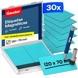 GAUDER Magnetetiketten beschreibbar - Wiederverwendbare Magnetschilder zum Beschriften für Whiteboard, Tafel, Kanban-Board und Kühlschrank - Magnetkarten mit Marker (30 Stück - 120 x 70 mm)