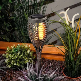 esotec Solar LED-Gartenfackel Jamila, silber Flackerlicht wetterfest 102872