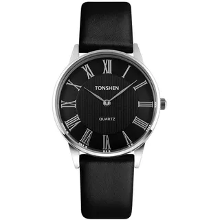 TONSHEN Analog Quarz Uhr Silber Edelstahl Schale Schwarz Lederband 7MM Zifferblatt Quarzuhr Damen Armbanduhr (Damen)