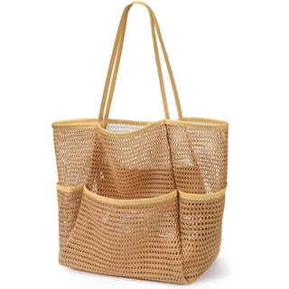 KPX Strandtasche mit Mini-Tasche, Sommer-Strand-Tragetaschen für Damen, groß, faltbar, Netzstoff, für Schwimmbad, Reisen, sanddicht, Khaki, Large