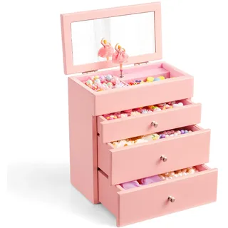 Emfogoo Musik-Schmuckkästchen für Mädchen aus Holz mit Ballerina & Spiegel, 4-lagige Schmuckaufbewahrung mit 3 Schubladen für Ringe, Armband & Halskette, Rosa Schmuckschatulle Geschenk