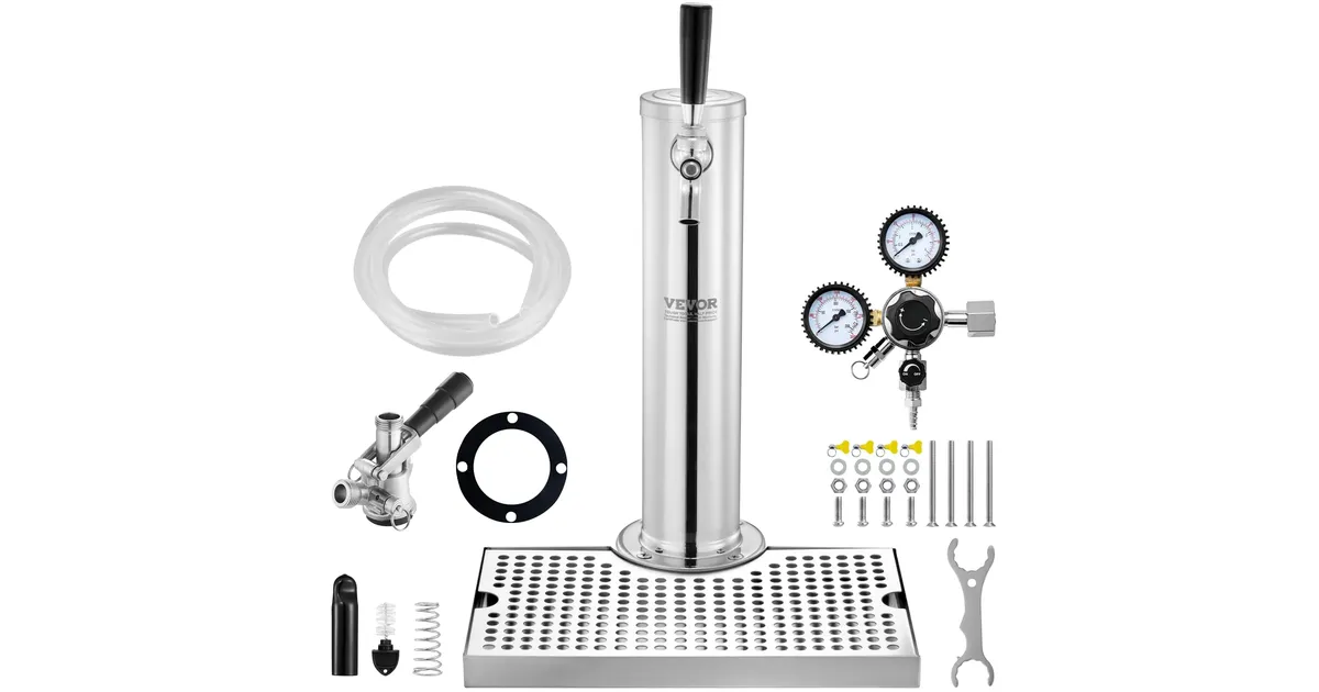 Bierturm 2 Zapfhähne Edelstahl VEVOR Kegerator-Turm-Kit – 2 Zapfhähne, Edelstahl, Doppelmanometer W21.8, S-Fasskupplung, Tropfschale – Für Bier, Kombucha & Co