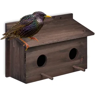 Relaxdays Nistkasten für Stare, natürliches Tannenholz, 2X Einflugloch 5 cm, Sitzstange, Vogelhaus zum Aufhängen, braun