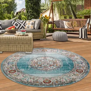Teppich-Traum In- & Outdoor Teppich Vintage Blumen Türkis Ø 200 cm | Pflegeleicht, schmutzabweisend, farbecht und robust, seitlich gekettelt, für Terrasse, Balkon, Garten, Pavillon und Foyer