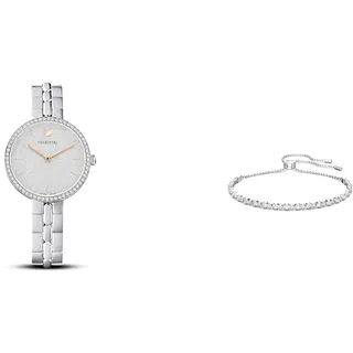 Swarovski Cosmopolitan Uhr, Metallarmband, Silberfarben, Edelstahl & Subtle Trilogy Armband, Weiss, Rhodiniert