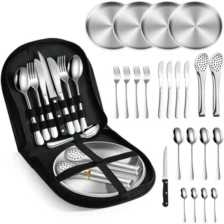 [23-teiliges 4 Personen] Camping Geschirr Set – Besteckset mit Edelstahl Gabeln, Messer und Löffel – Tragbares Besteck für Outdoor, Picknick und Grillen. (Enthält 4 Teelöffel)