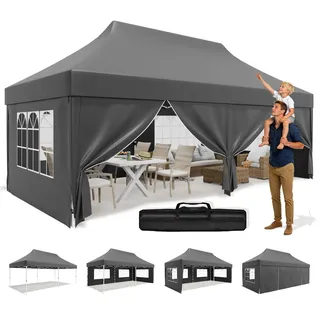 JUMMICO Faltpavillon 3x6 mit Hoher Spitze, um 60% Verbesserte Regenschutzleistung. UV 50+, Pavillon 3x6 Wasserdicht Stabil Winterfest, Shelter mit seitenwänden, für Garten und Camping, Dunkelgrau