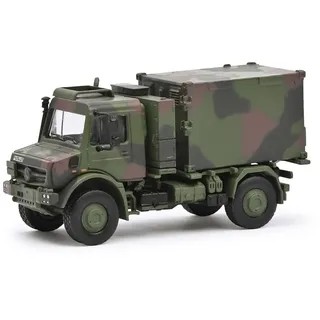 Schuco 1:87 Unimog U5023 Funkcontainer Camo - Hochwertiges Diecast Modell im Maßstab 1:87, Modellauto, 1:87, Militär, Sammlermodell, Diorama