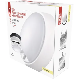 EMOS LED-Wandleuchte und Deckenleuchte mit Bewegungsmelder, rund, IP54 wasserdichte 14 W Außenleuchte für Balkon, Keller, Garage, Outdoor 1000 lm, warmweiß 3000K, 21,5cm ZM3131